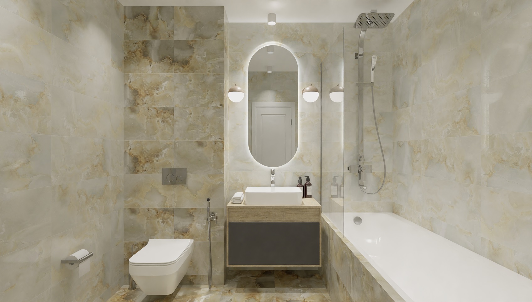 Современная ванная комната (4 кв.м) в бежевых тонах