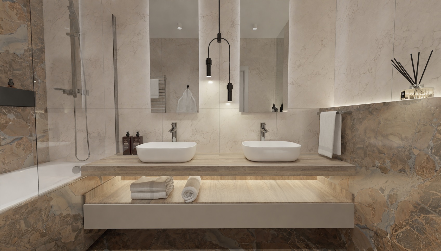 Функциональная ванная с элементами дерева